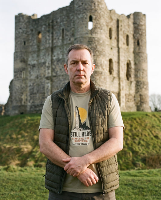 STILL HERE castle tee in khaki, worn under a quilted gilet in front of a ruined flint keep – WALLED IN Saffron Walden. AI-styled photo. Real product, printed to order.
